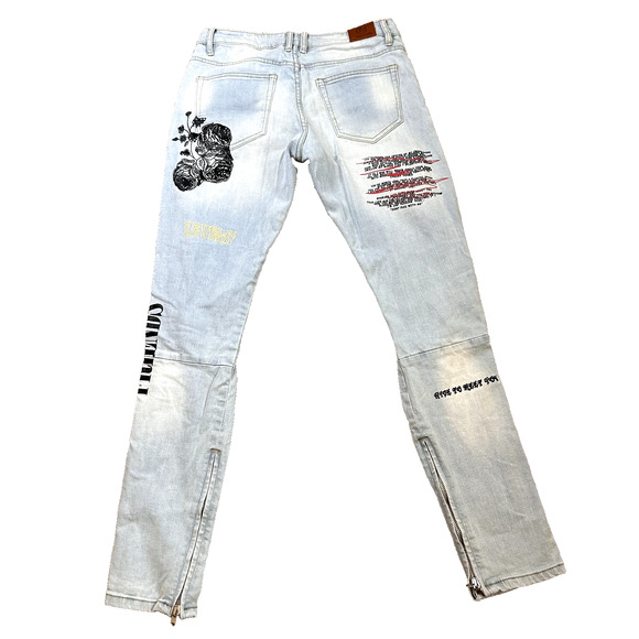 Crysp Denim Jeans Men’s 30 Blue Skinny Distressed Graphic Script Streetwear - Picture 2 of 16